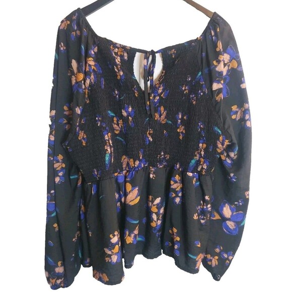 Ava & Viv Black Floral Peplum Blouse Women's 2X Prairie Neck Tie Shirred Back - Picture 5 of 8